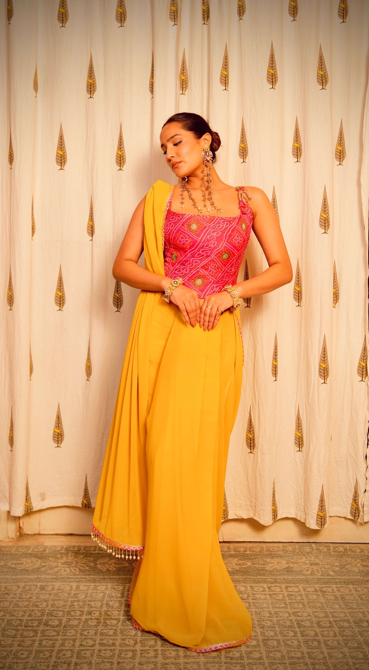 Pink Bandhani corset Choli with Gota Saree