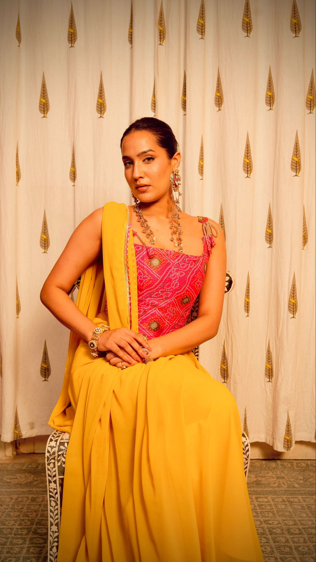 Pink Bandhani corset Choli with Gota Saree