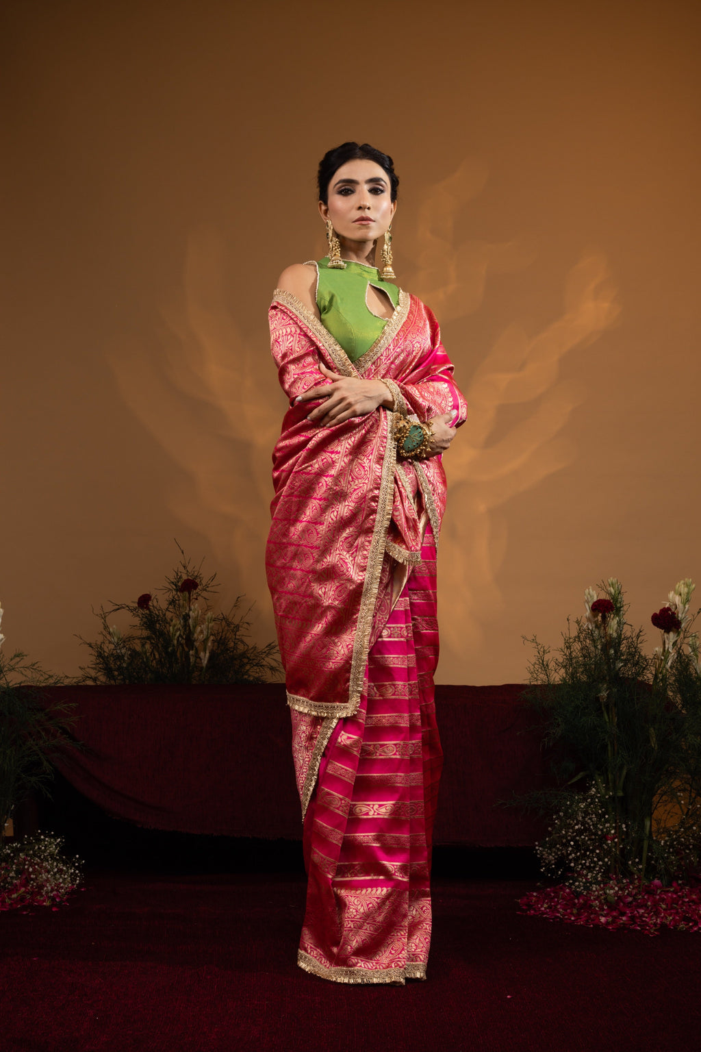 Pre-Draped Hot Pink Banarasee Silk Saree