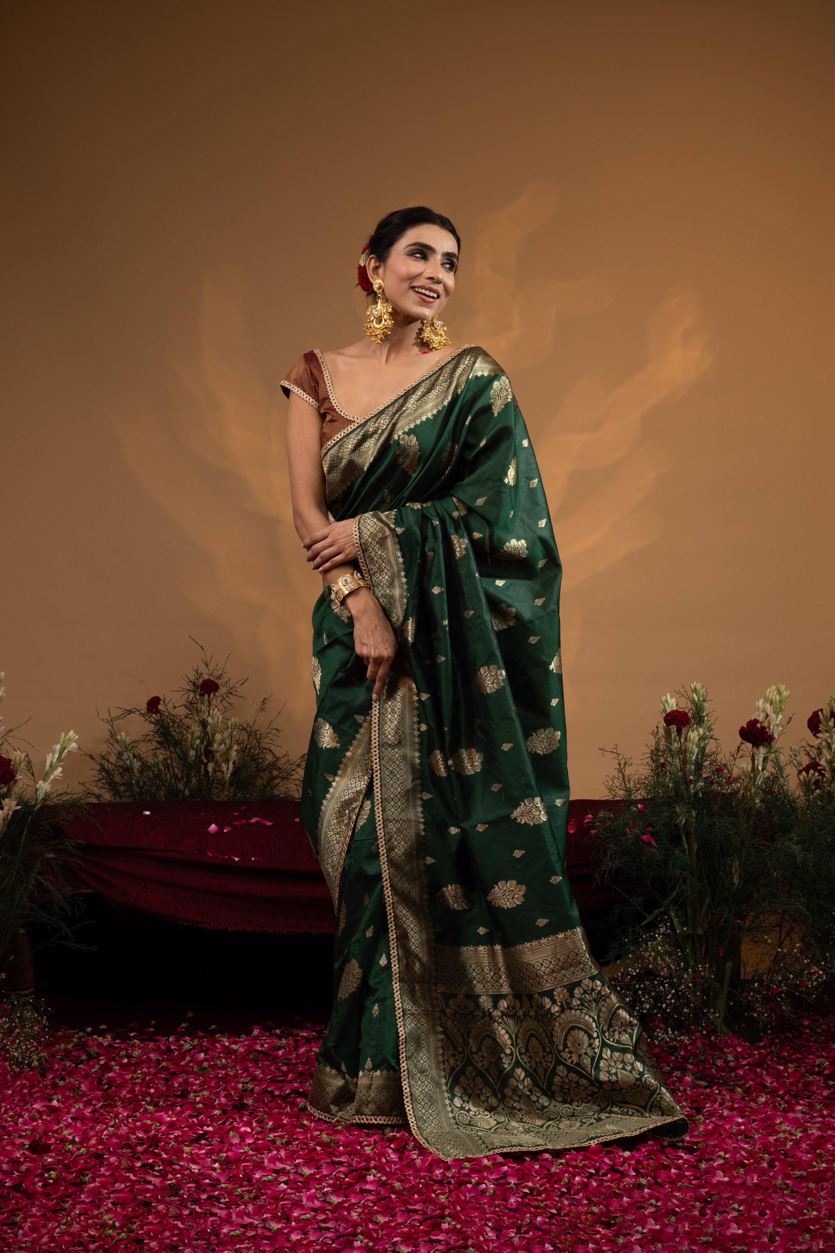 Pre-Draped Dark Green Banarasee Silk Saree