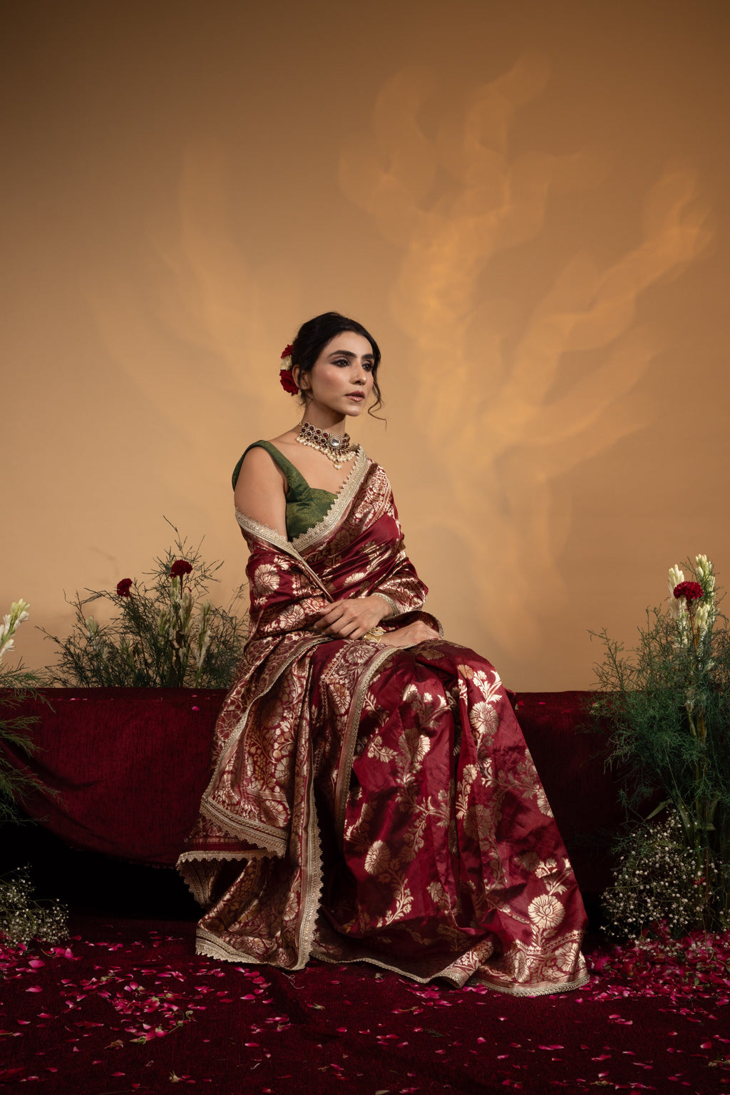 Pre-Draped Maroon Banarasee Silk Saree