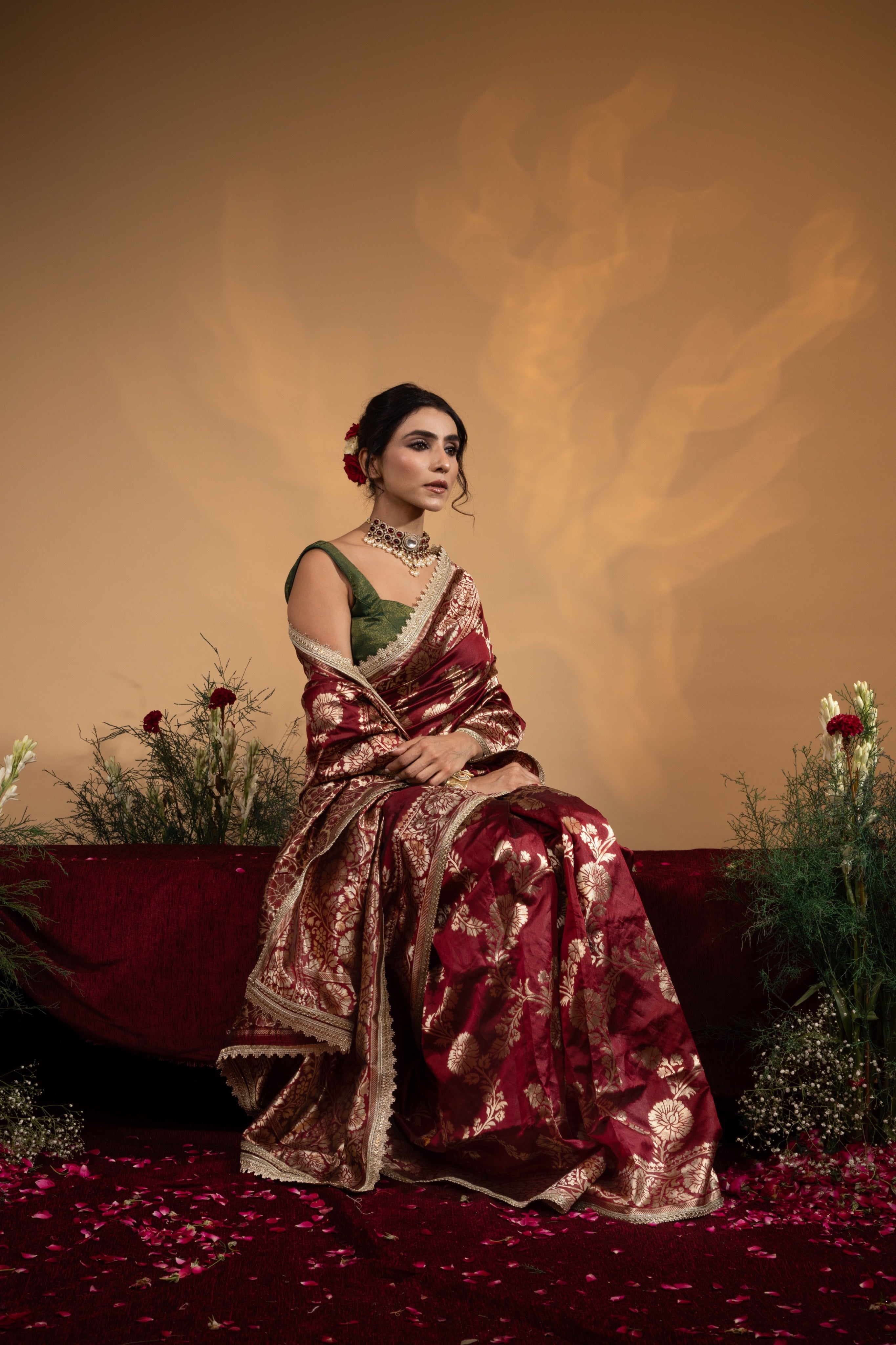 Pre-Draped Maroon Banarasee Silk Saree