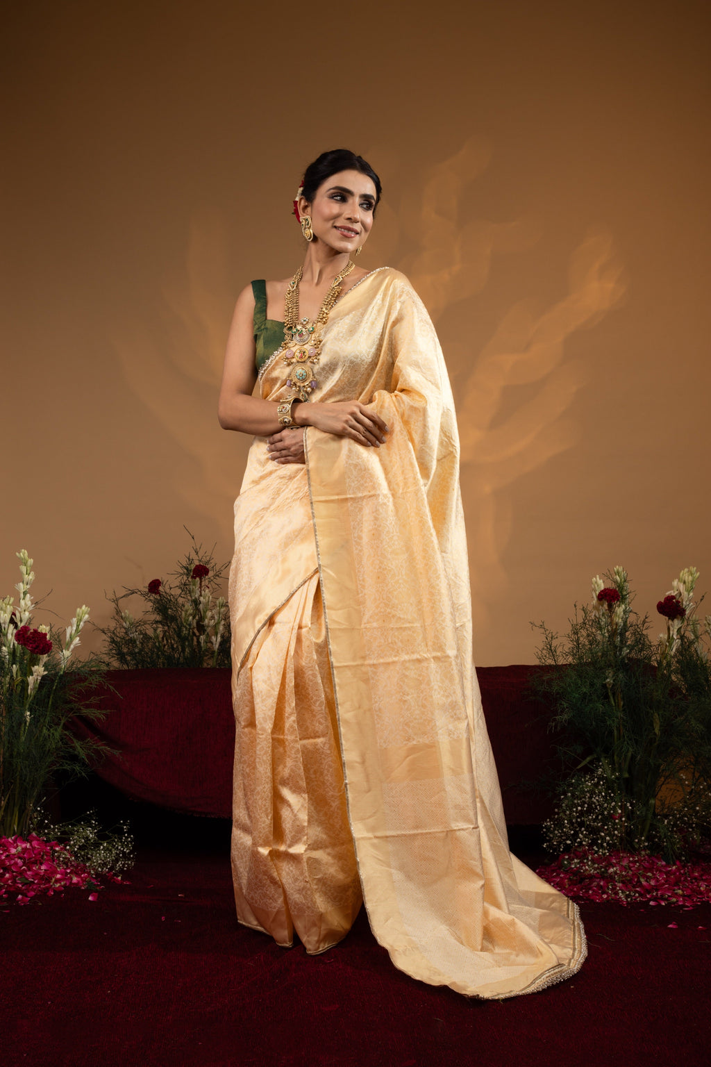 Pre-Draped Soft Gold Banarasee Silk Saree