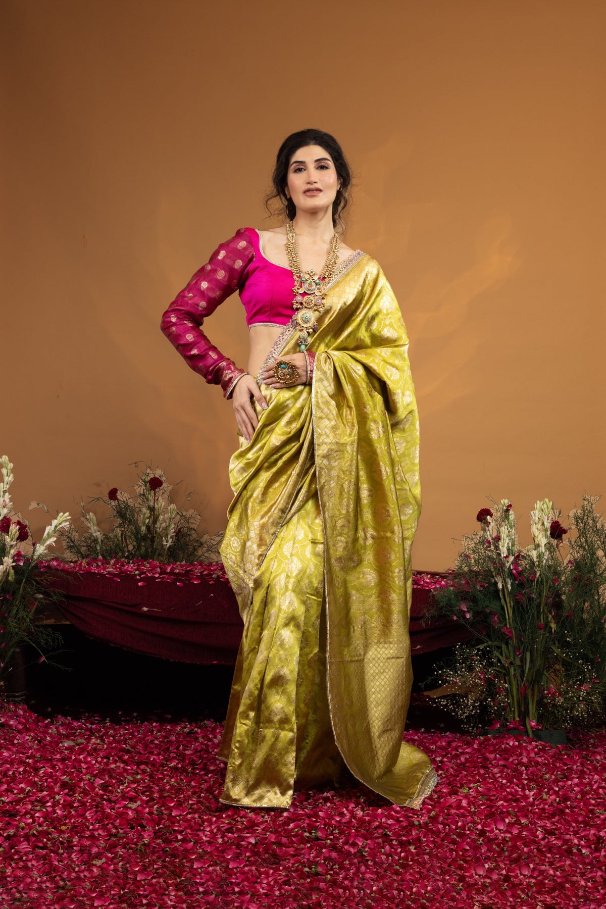 Pre-Draped Tota Green Banarasee Silk Saree