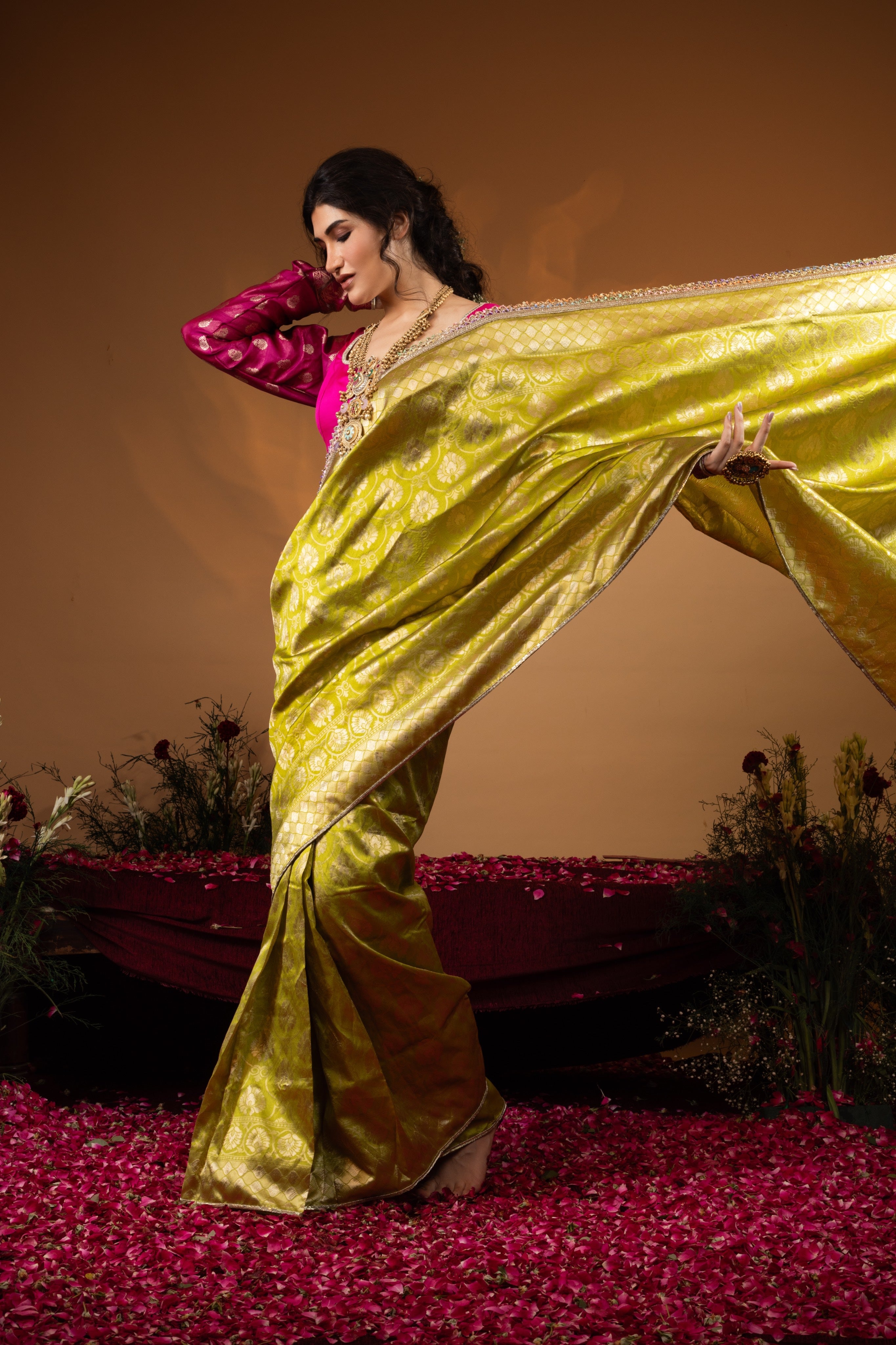 Pre-Draped Tota Green Banarasee Silk Saree