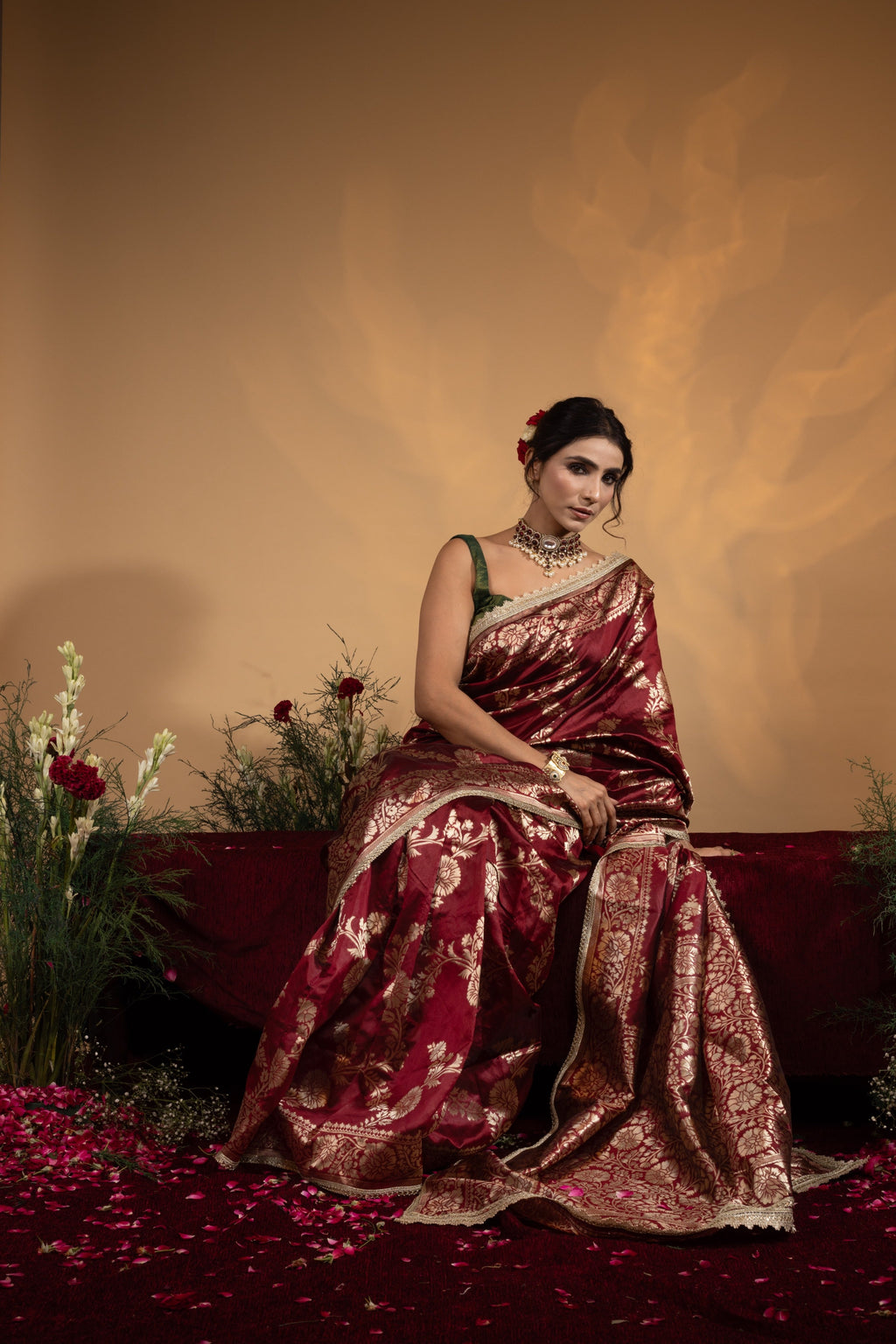 Pre-Draped Maroon Banarasee Silk Saree