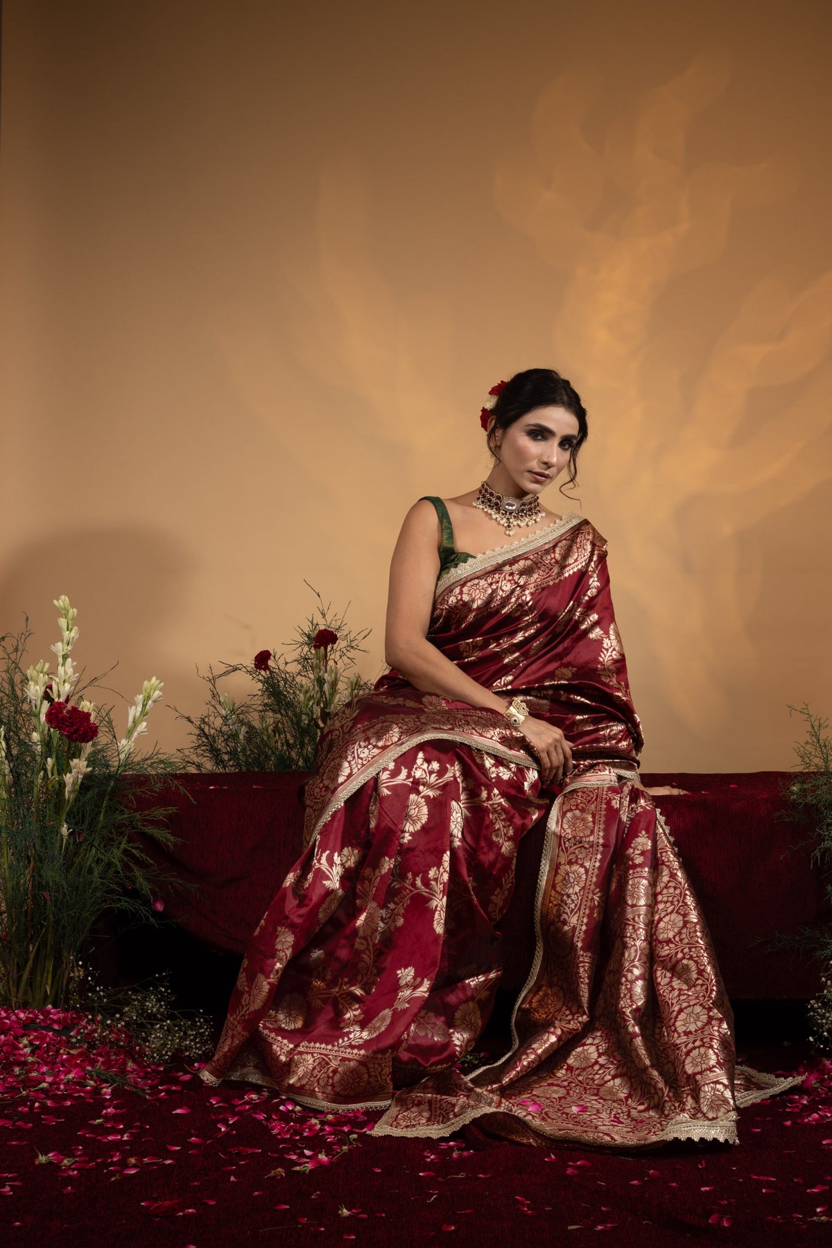 Pre-Draped Maroon Banarasee Silk Saree