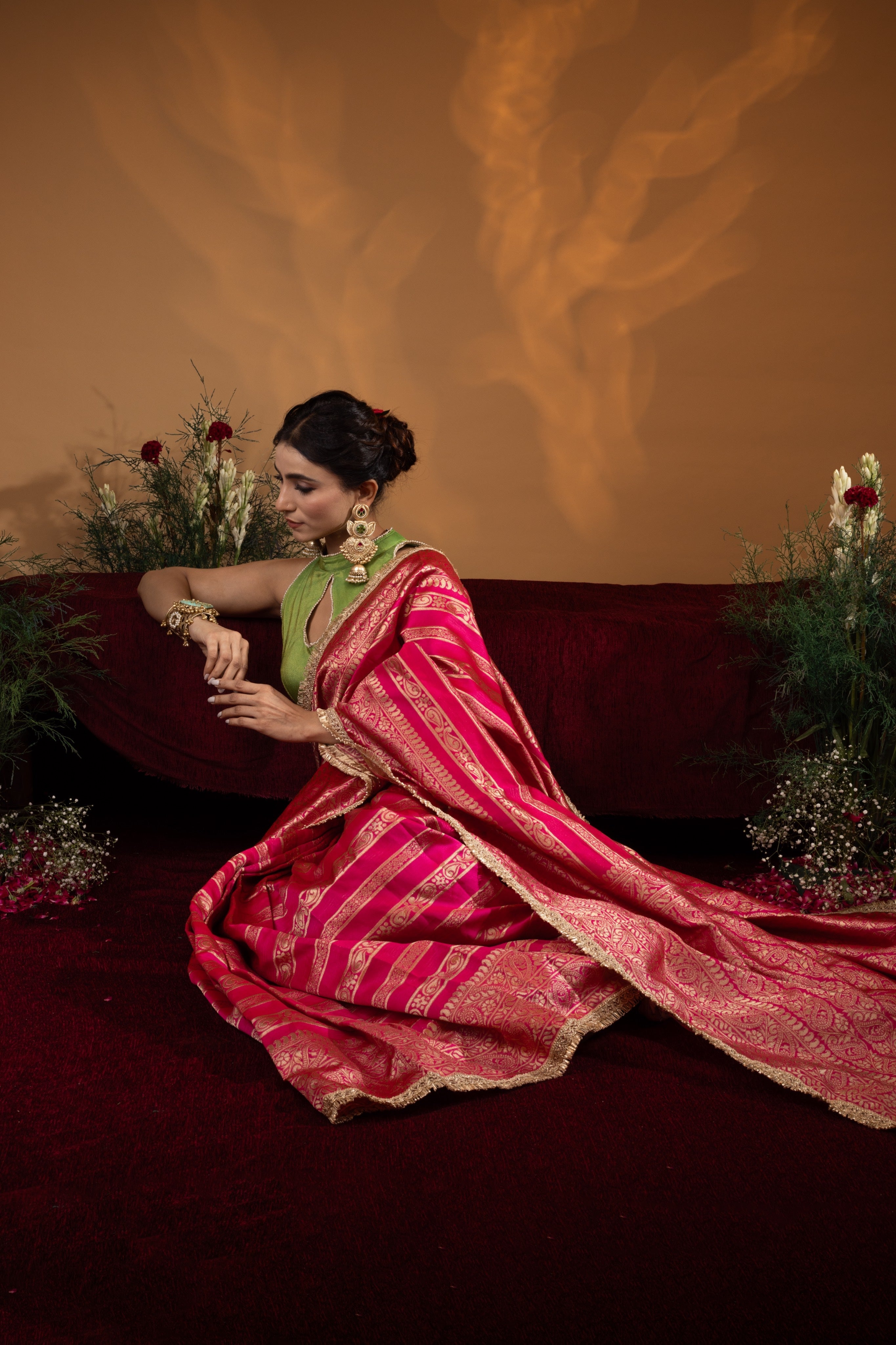 Pre-Draped Hot Pink Banarasee Silk Saree