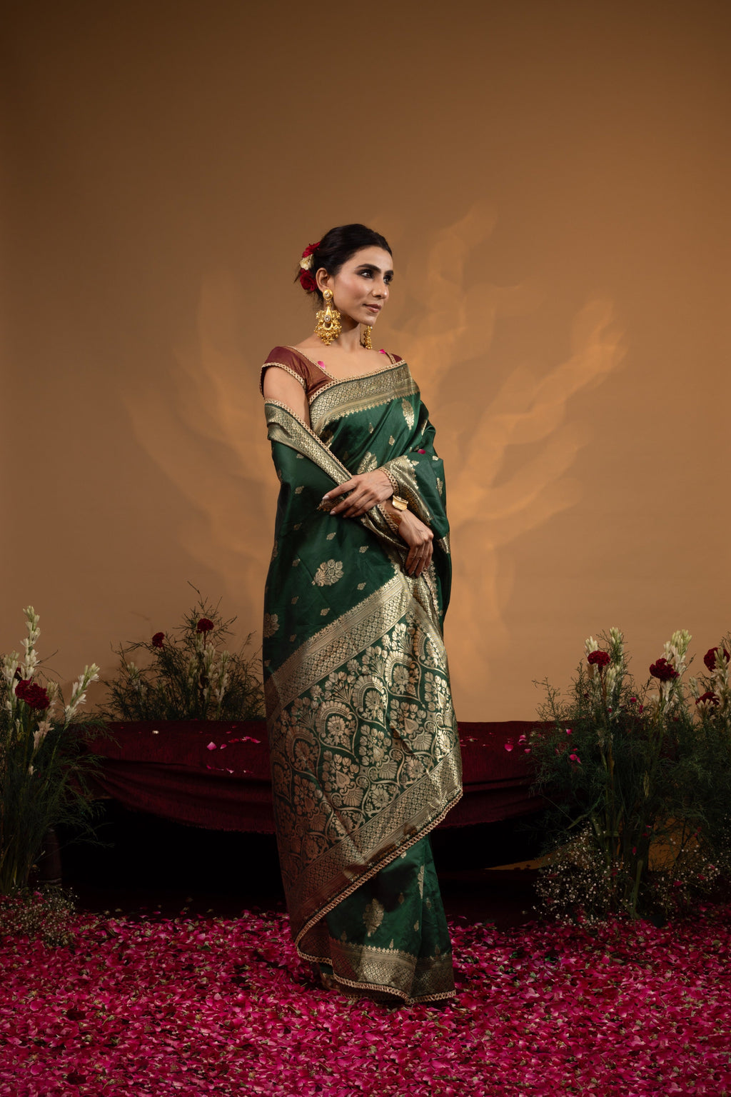 Pre-Draped Dark Green Banarasee Silk Saree
