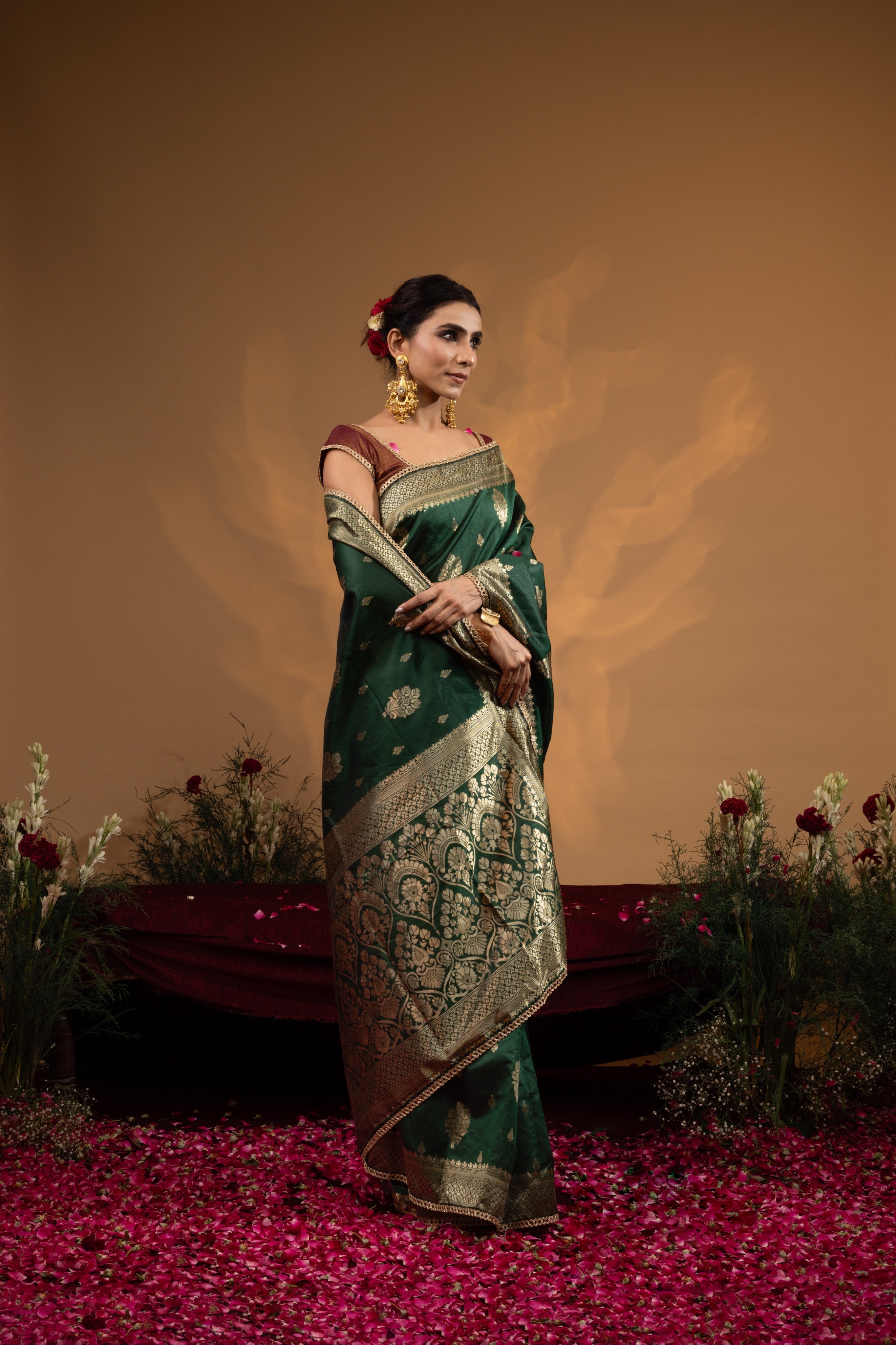 Pre-Draped Dark Green Banarasee Silk Saree