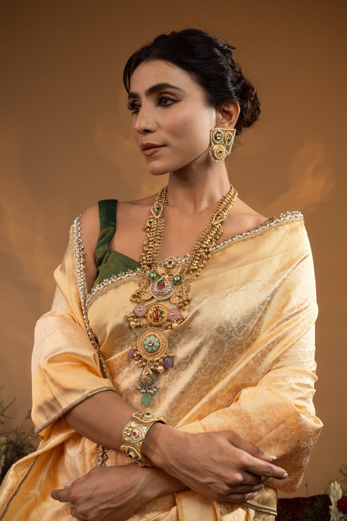 Pre-Draped Soft Gold Banarasee Silk Saree
