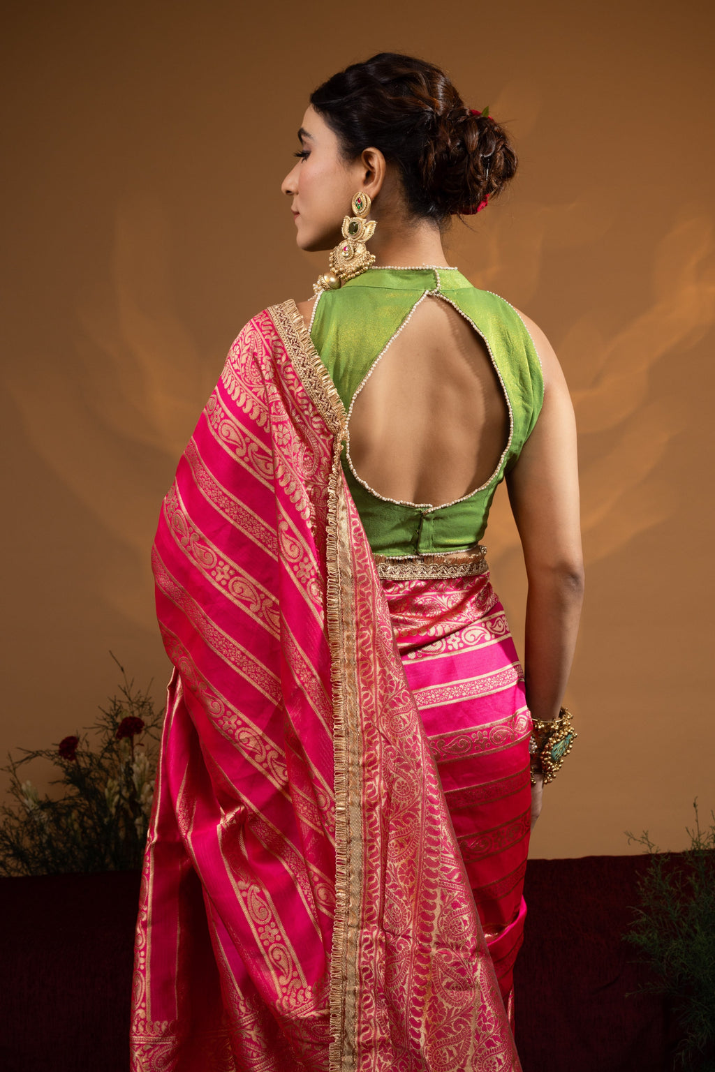 Pre-Draped Hot Pink Banarasee Silk Saree