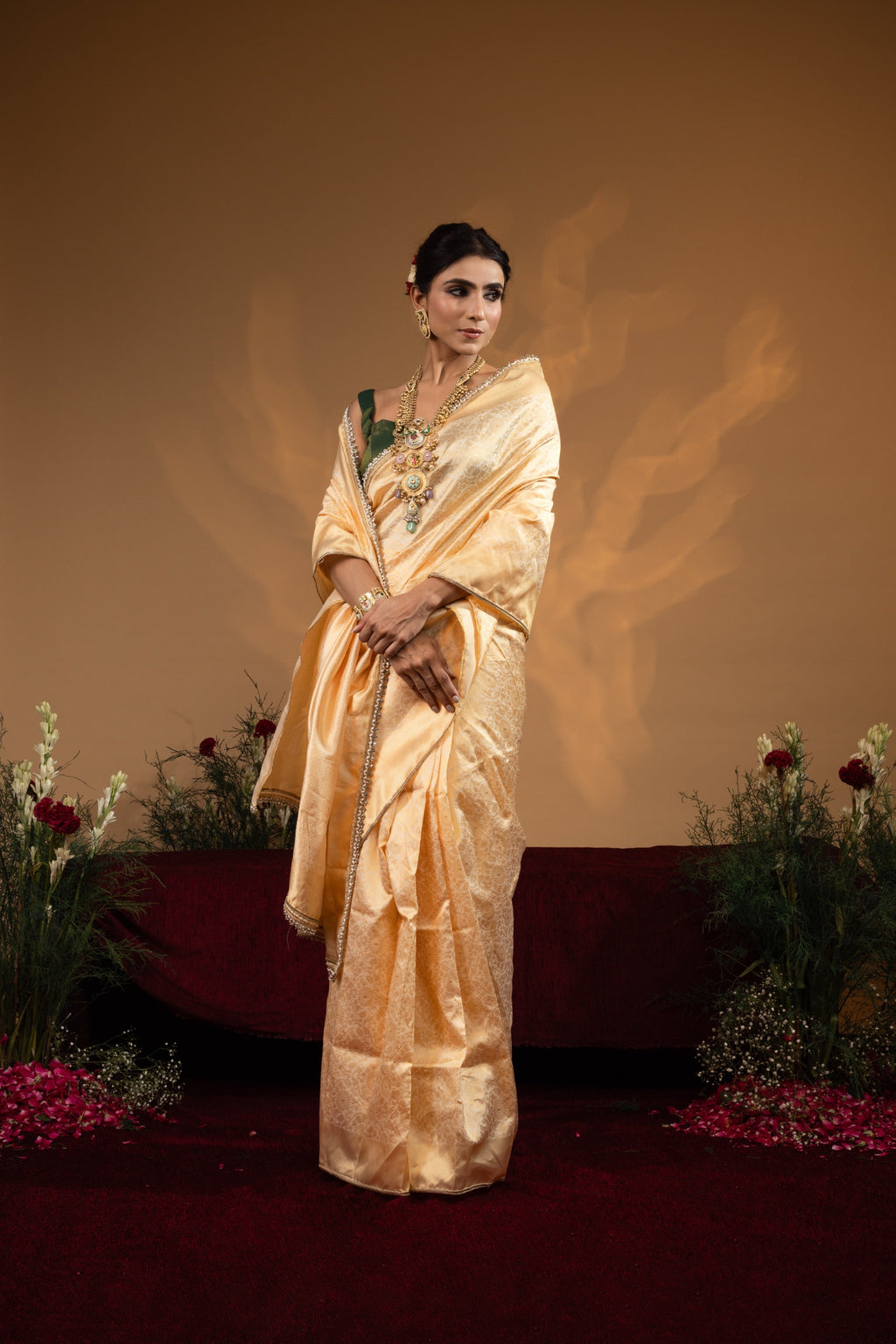Pre-Draped Soft Gold Banarasee Silk Saree