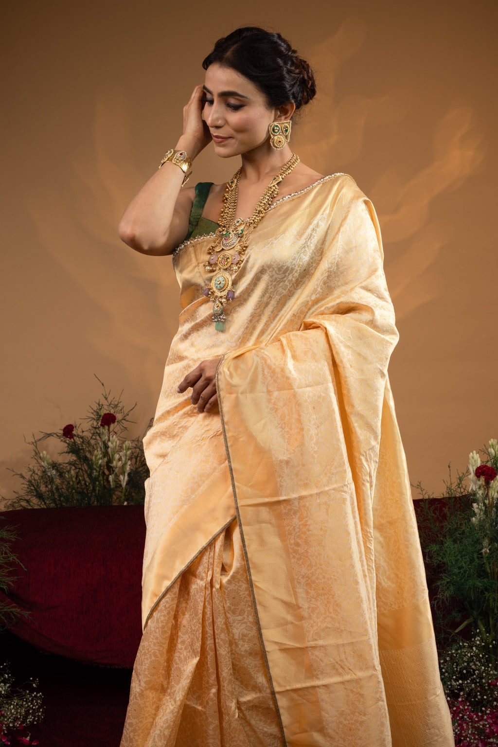 Pre-Draped Soft Gold Banarasee Silk Saree