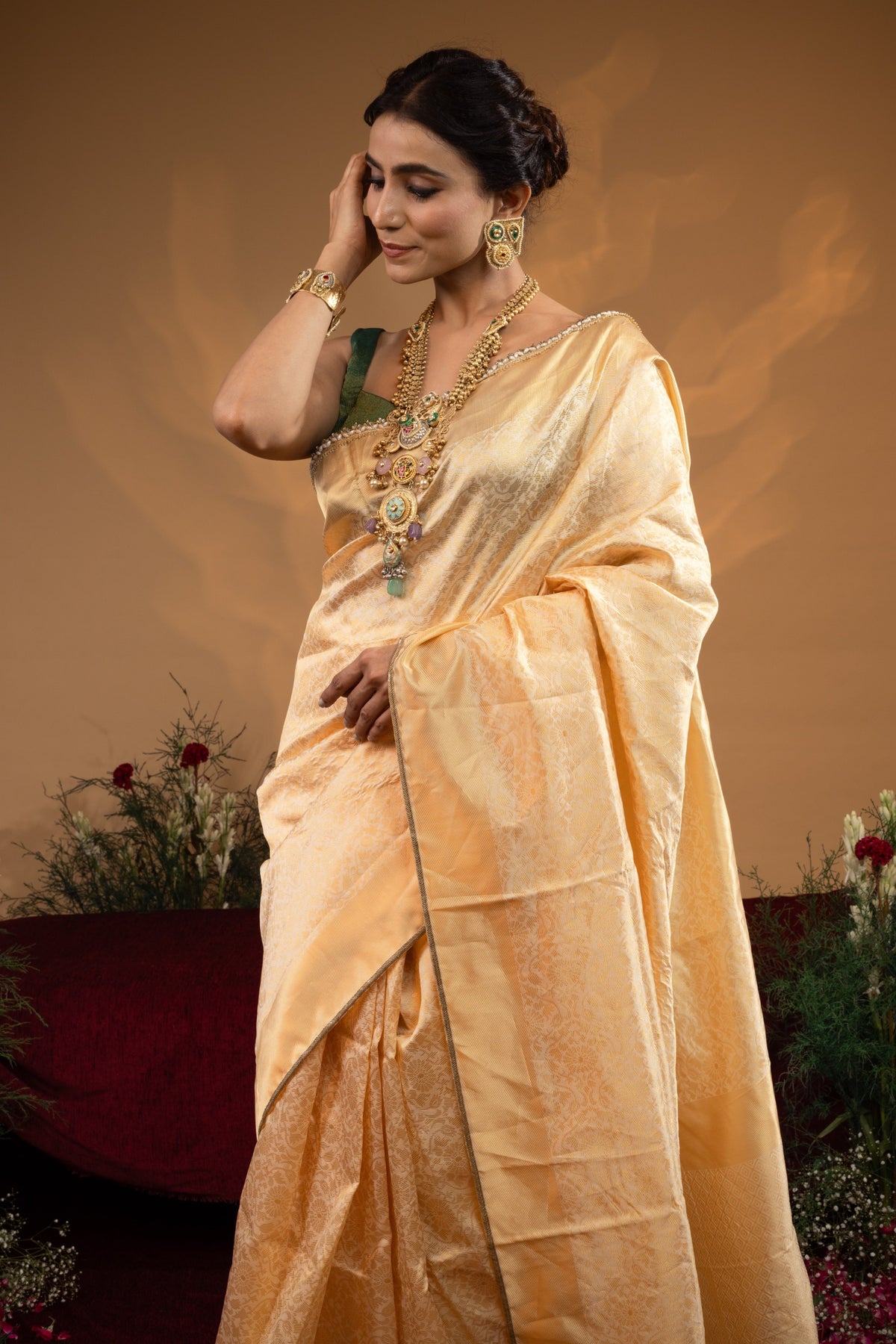 Pre-Draped Soft Gold Banarasee Silk Saree