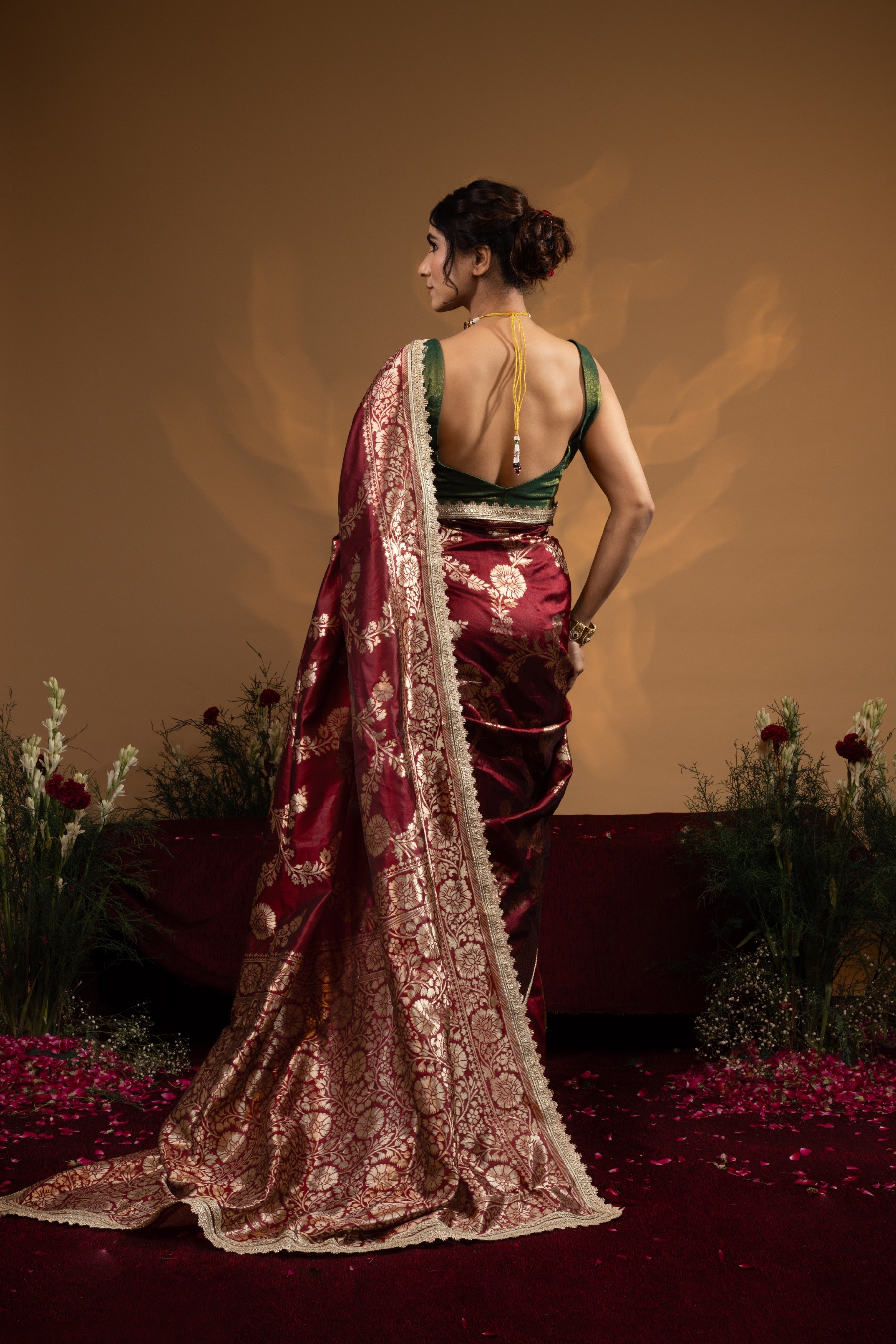 Pre-Draped Maroon Banarasee Silk Saree
