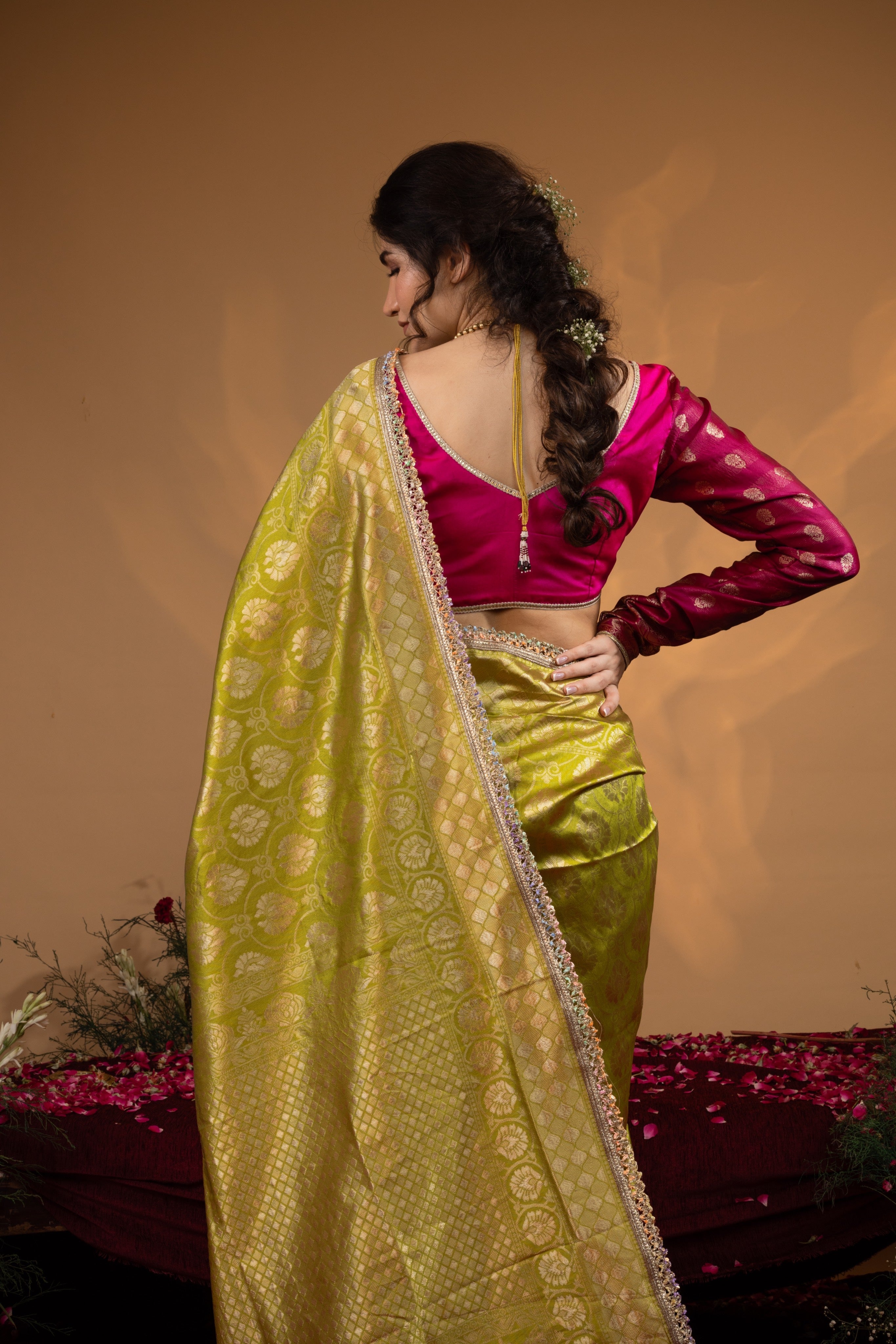 Pre-Draped Tota Green Banarasee Silk Saree