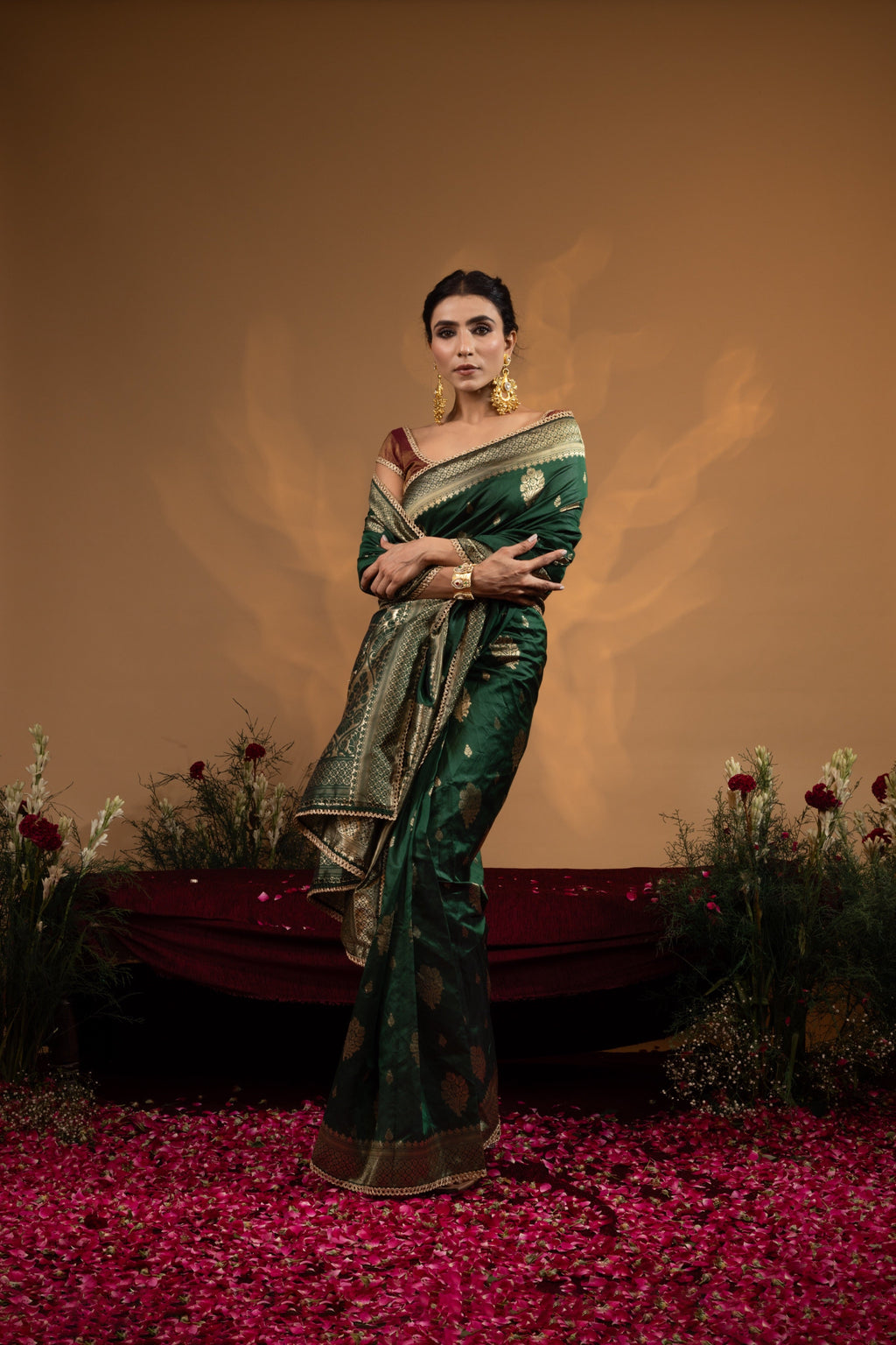 Pre-Draped Dark Green Banarasee Silk Saree