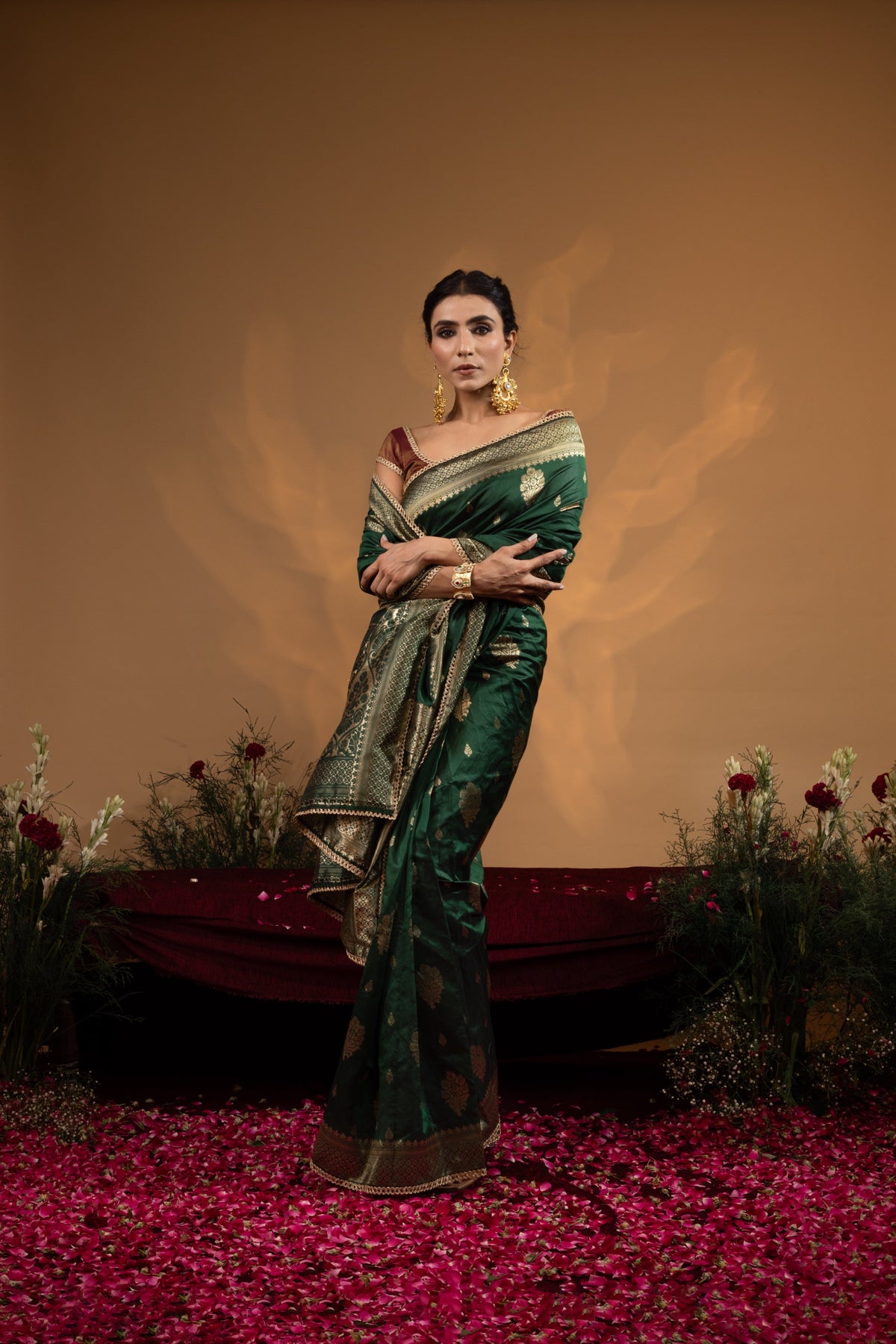 Pre-Draped Dark Green Banarasee Silk Saree