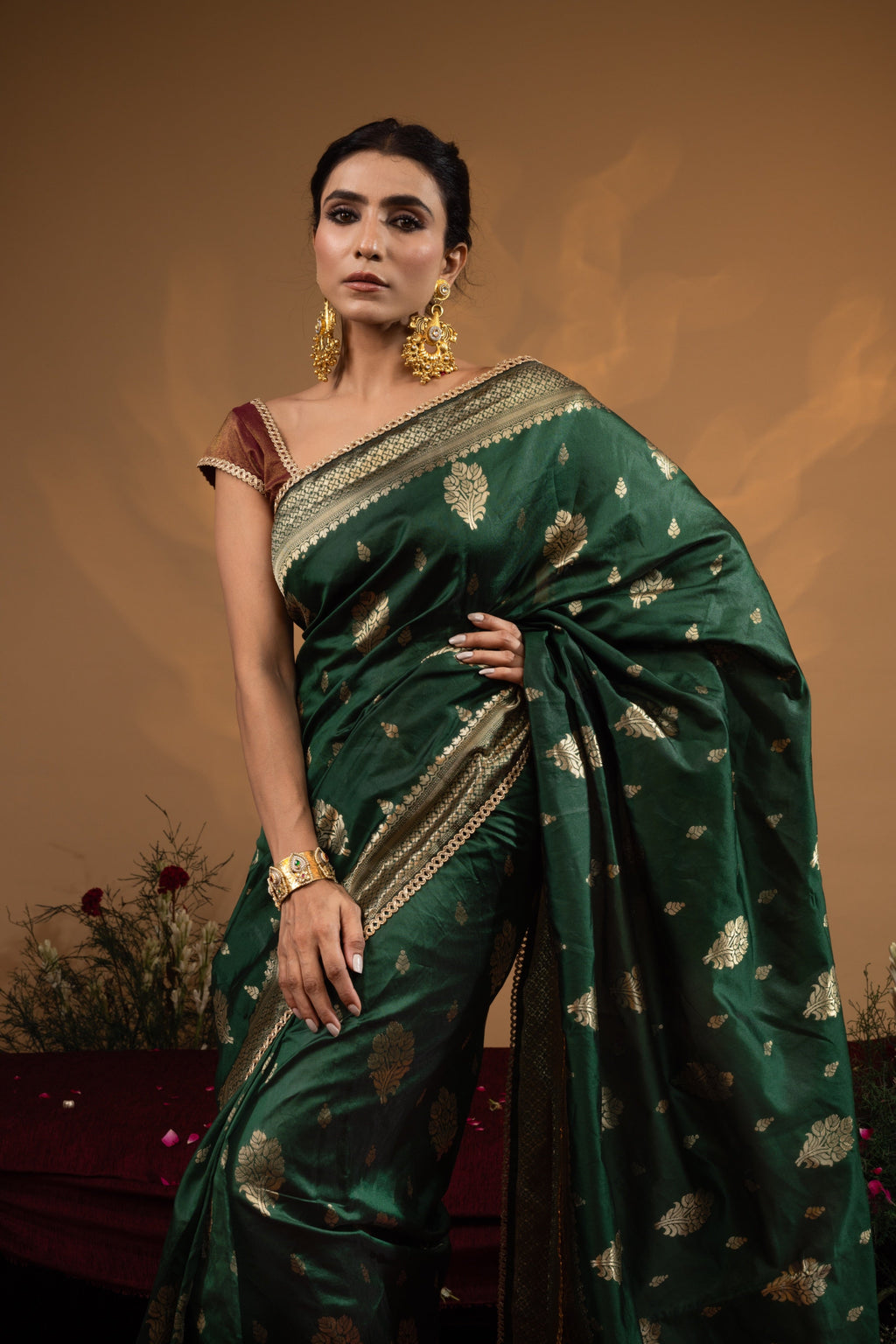 Pre-Draped Dark Green Banarasee Silk Saree
