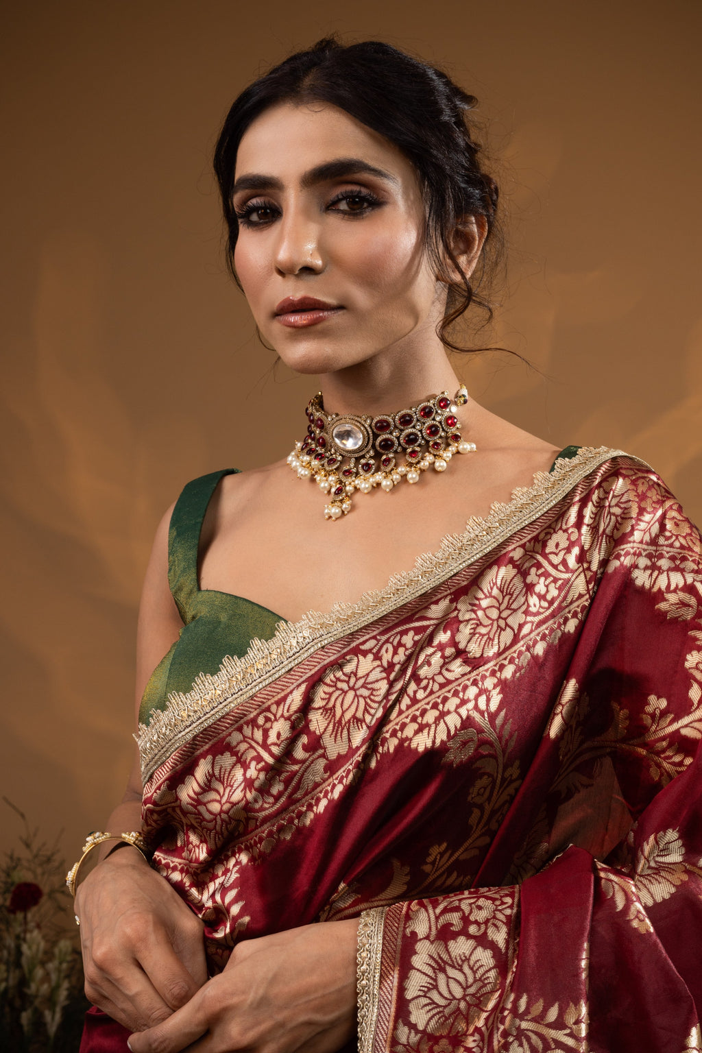 Pre-Draped Maroon Banarasee Silk Saree