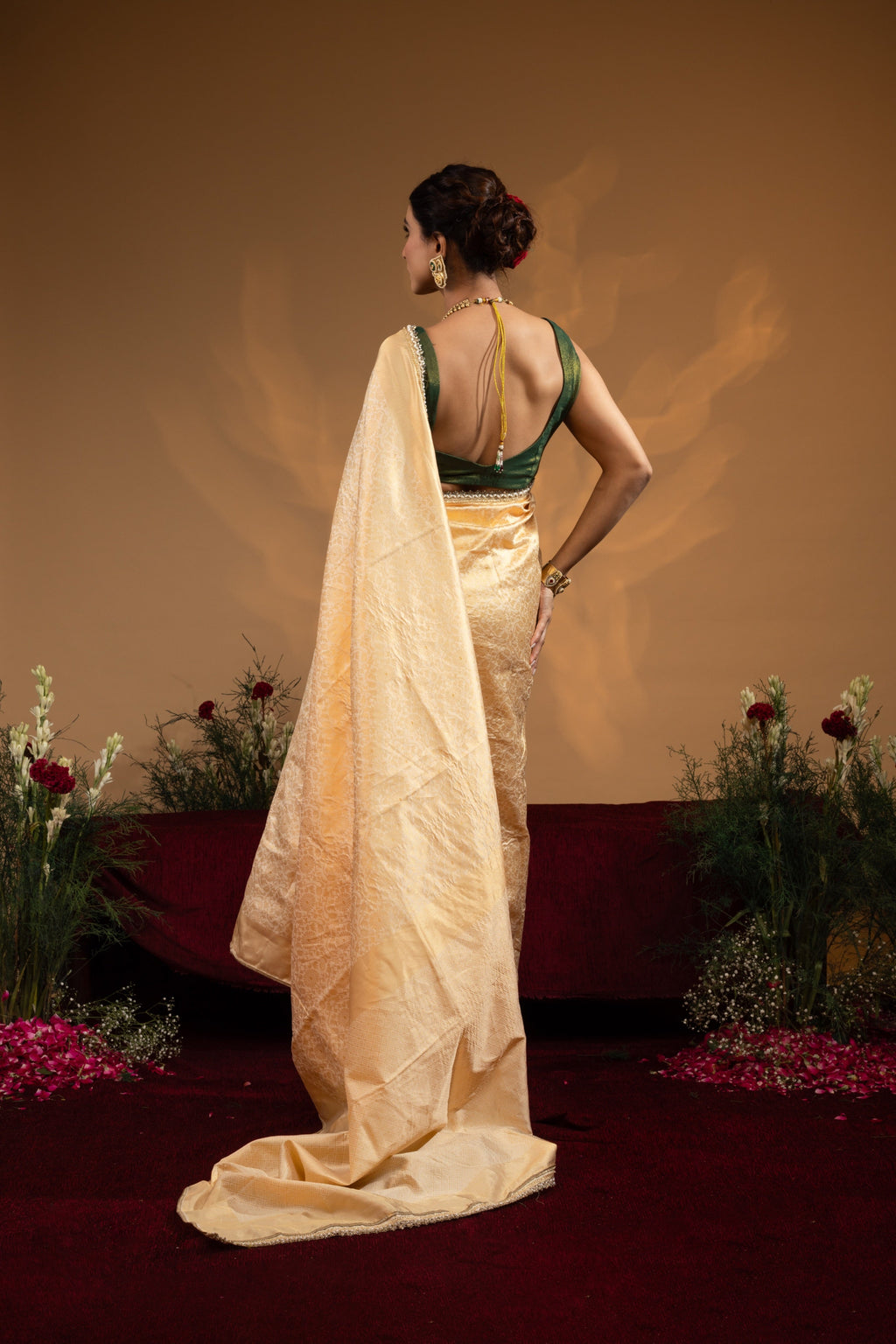 Pre-Draped Soft Gold Banarasee Silk Saree