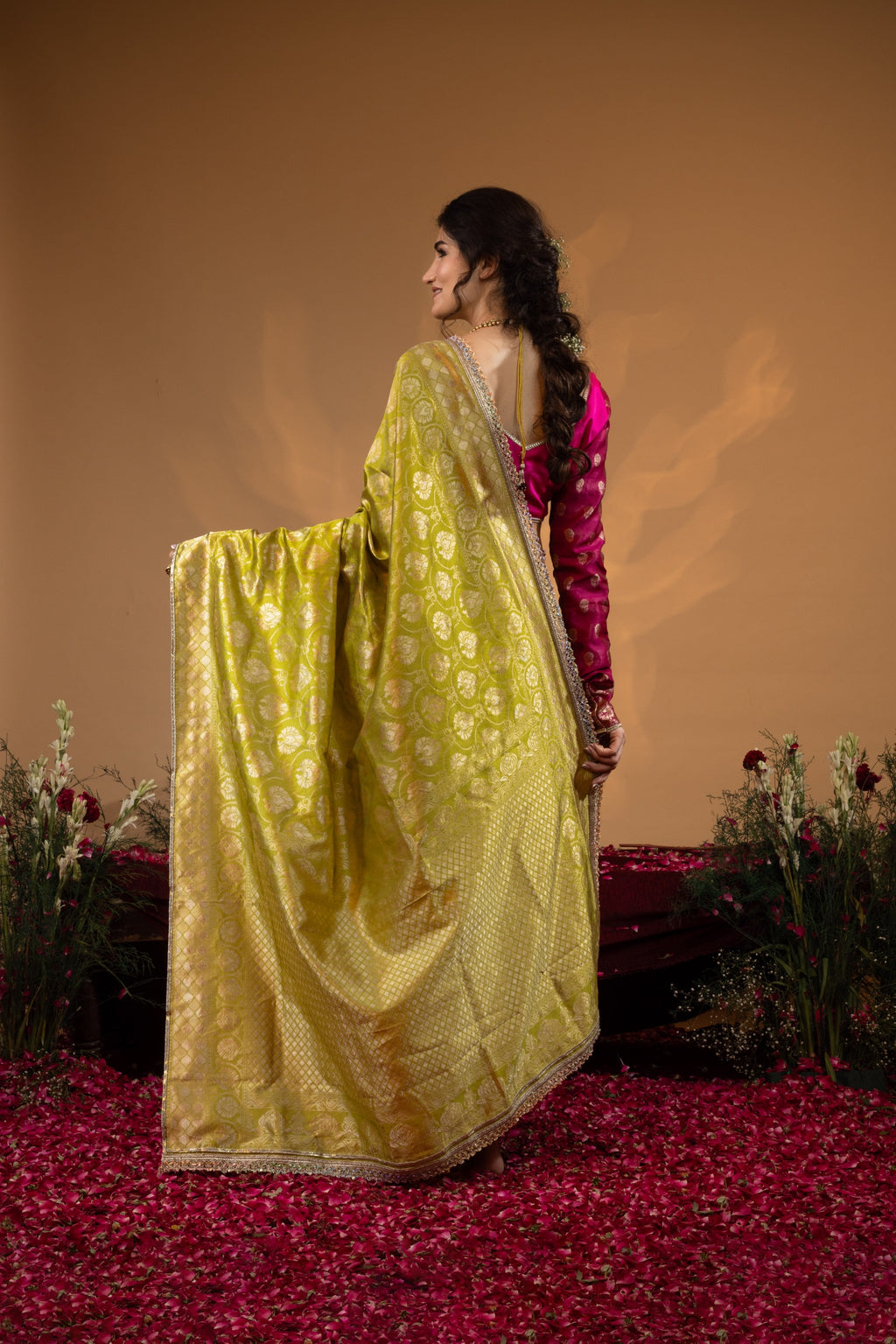 Pre-Draped Tota Green Banarasee Silk Saree