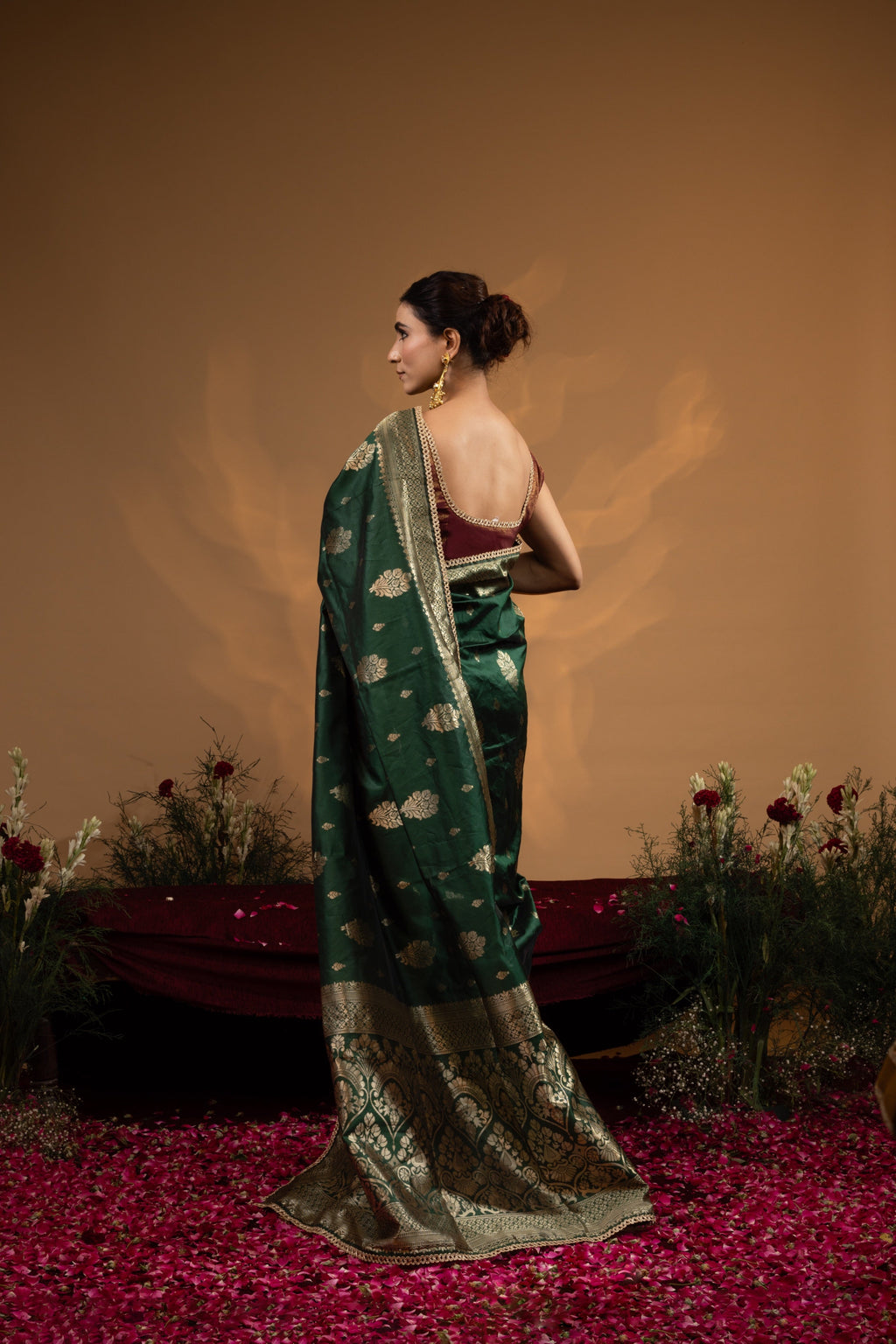 Pre-Draped Dark Green Banarasee Silk Saree