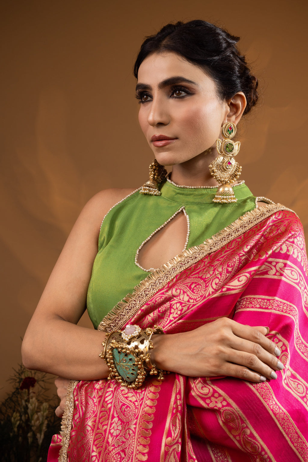 Pre-Draped Hot Pink Banarasee Silk Saree