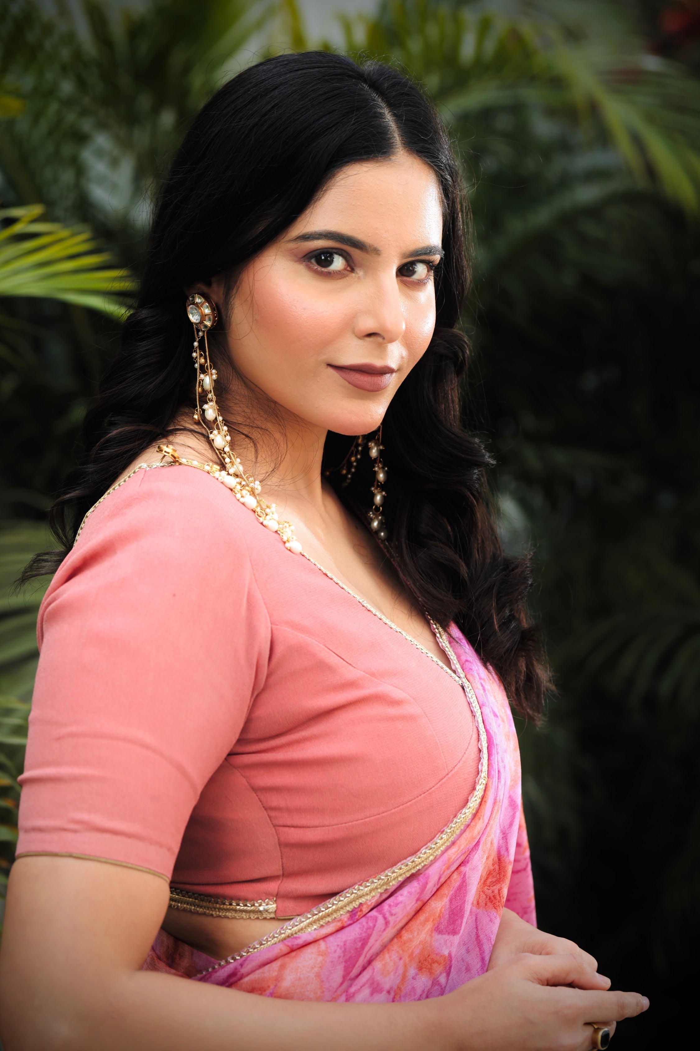 Onion Pink & Brown Abstract Pre-Draped Blend Saree
