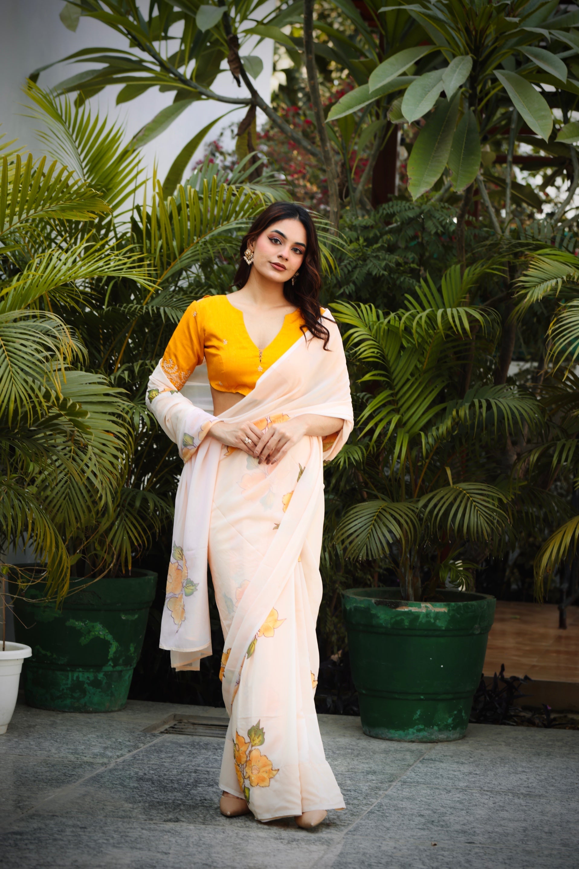 Peach & Yellow Bloom Saree