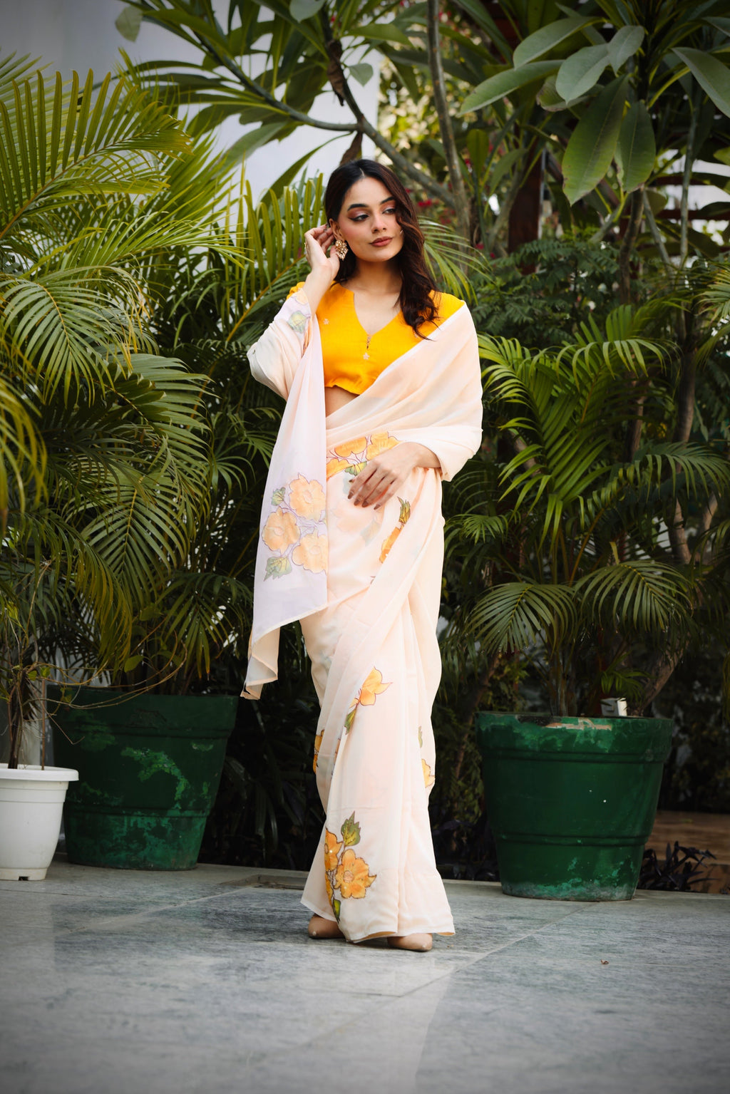 Peach & Yellow Bloom Saree