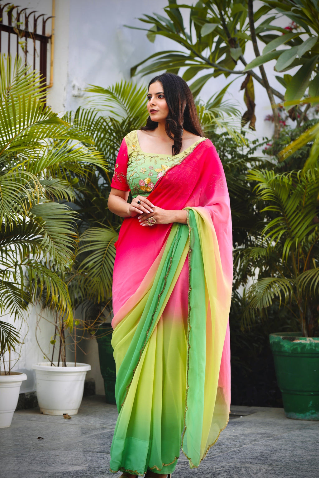 Ombre Green & Pink Hand-Embroidered Saree